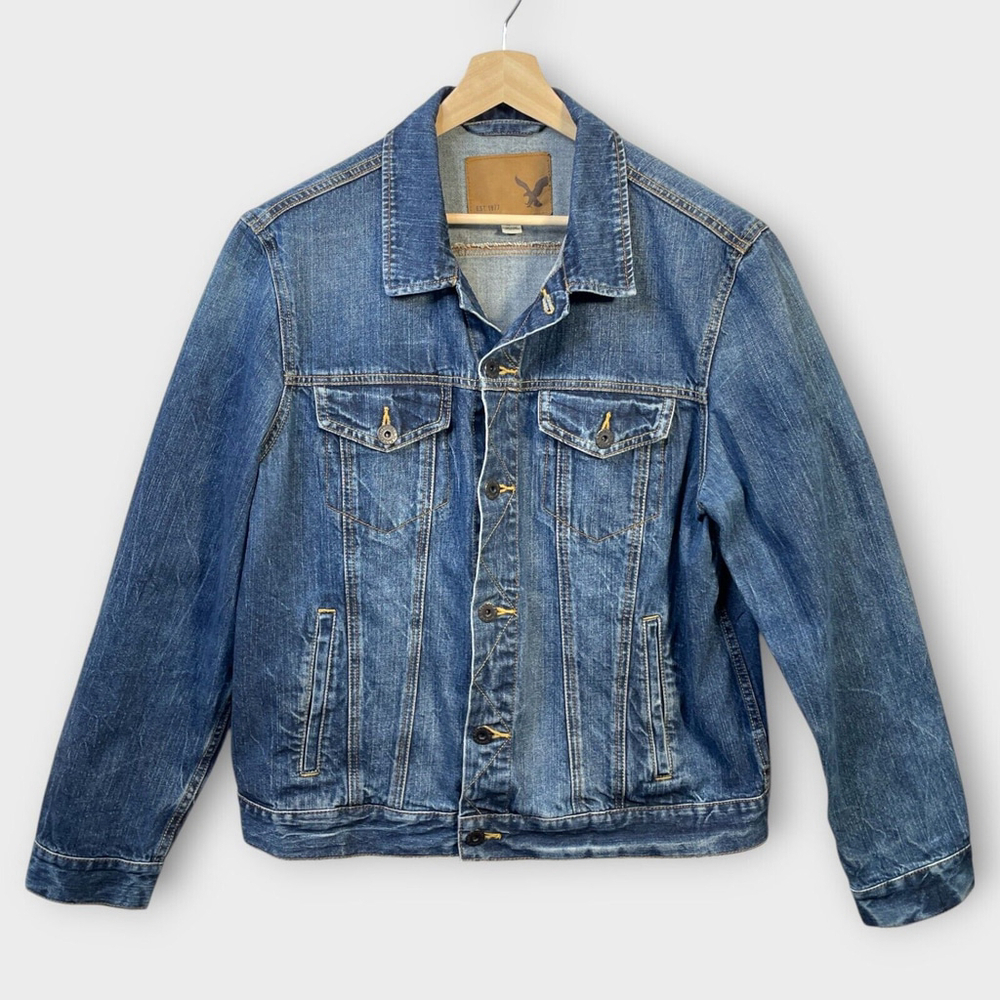 AMERICAN EAGLE Mens Jacket XL Blue Button Up Trucker Cowboy Western Denim